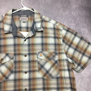 Carhartt Mens Plaid Shirt size 2XL Stretch Short Sleeve Button Up Gray Orange